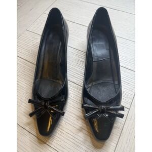 VAN ELI Vintage black Patent Leather Low‎ 2" Block Heel Bow Pumps 8.5N 60s